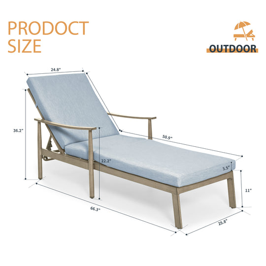 HAPPATIO Outdoor Chaise Lounge Chair - Aluminum Pool Lounge Chair with Adjustable Backrest and Cushion, Curved Armrest, Outdoor Lounge Chair for Beach, Yard, or Poolside