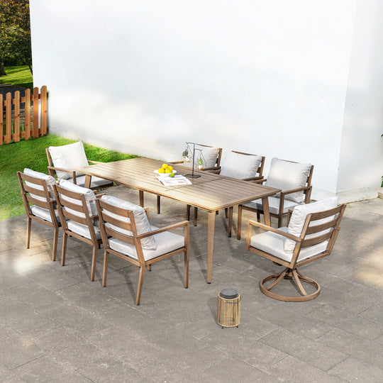 HAPPATIO Outdoor Dining Set,  Aluminum Patio Dining Set with Wood-Like Hand-Painted Finish, Dining Chairs with Waterproof Cushions, Easy Assembly for Backyard, Garden, Porch
