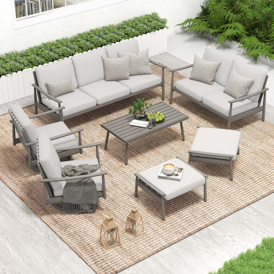 HAPPATIO Patio Outdoor Furniture Set - 7 Pieces Aluminum Outdoor Conversation Set Includes 1 Three-Seater Sofa, 1 Loveseat, 1 Coffee Table, 2 Swivel Chairs and 2 Ottomans for Porch, Lawn
