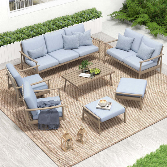 HAPPATIO Patio Outdoor Furniture Set - 7 Pieces Aluminum Outdoor Conversation Set Includes 1 Three-Seater Sofa, 1 Loveseat, 1 Coffee Table, 2 Swivel Chairs and 2 Ottomans for Porch, Lawn