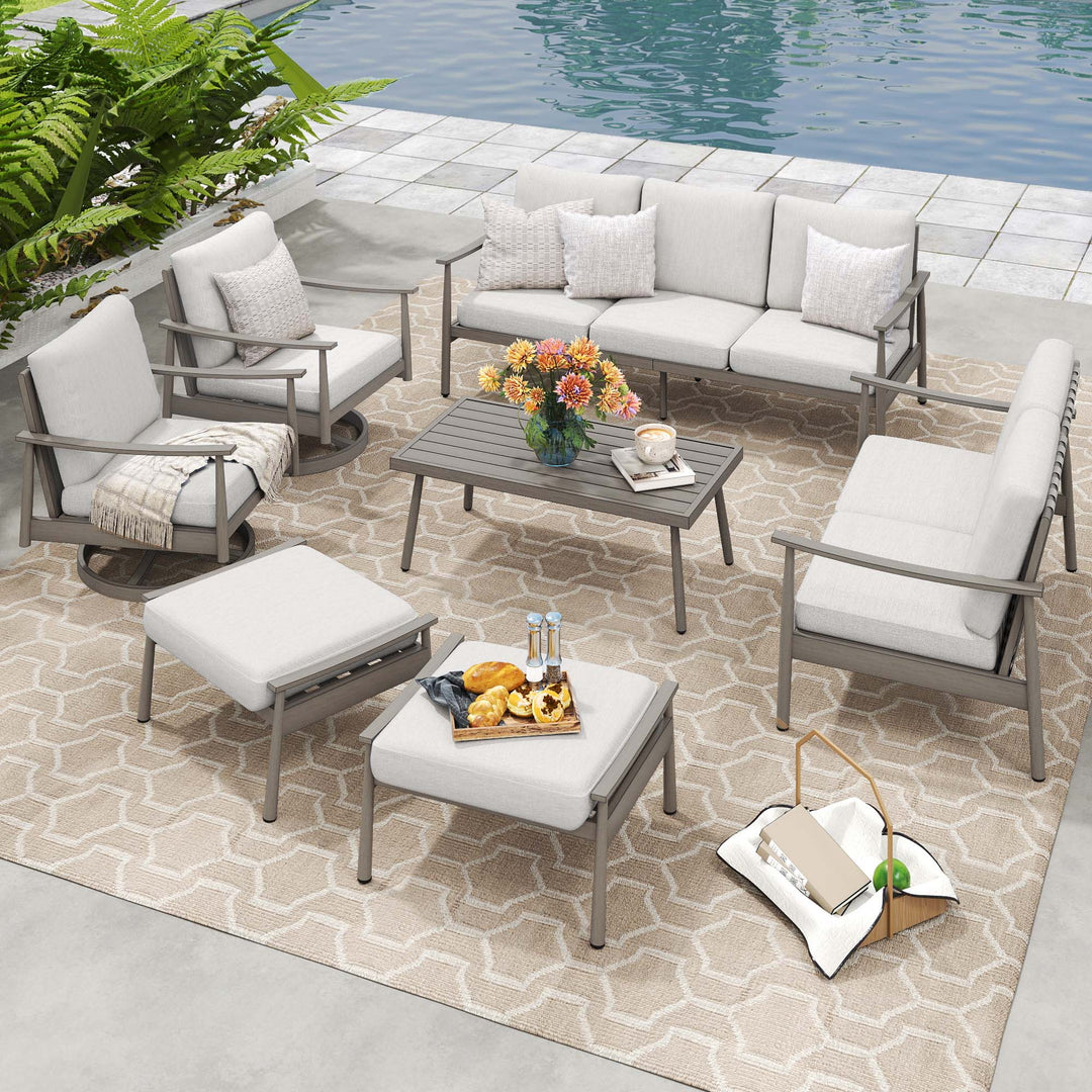 HAPPATIO Patio Outdoor Furniture Set - 7 Pieces Aluminum Outdoor Conversation Set Includes 1 Three-Seater Sofa, 1 Loveseat, 1 Coffee Table, 2 Swivel Chairs and 2 Ottomans for Porch, Lawn