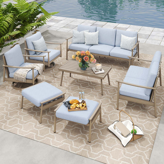 HAPPATIO Patio Outdoor Furniture Set - 7 Pieces Aluminum Outdoor Conversation Set Includes 1 Three-Seater Sofa, 1 Loveseat, 1 Coffee Table, 2 Swivel Chairs and 2 Ottomans for Porch, Lawn