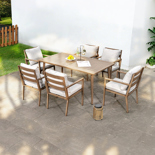 HAPPATIO Outdoor Dining Set,  Aluminum Patio Dining Set with Wood-Like Hand-Painted Finish, Dining Chairs with Waterproof Cushions, Easy Assembly for Backyard, Garden, Porch