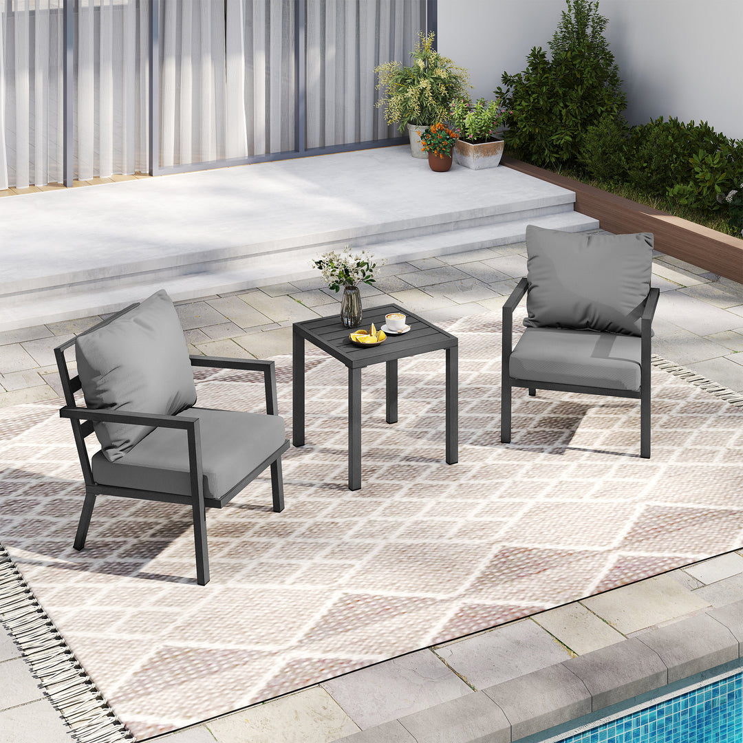 HAPPATIO Aluminum Patio Furniture Set, 3 Pieces Conversation Set with Thick Cushions and Side Table, Waterproof and Rustproof for All weather, Seating Sofa for Garden, Backyard, Porch