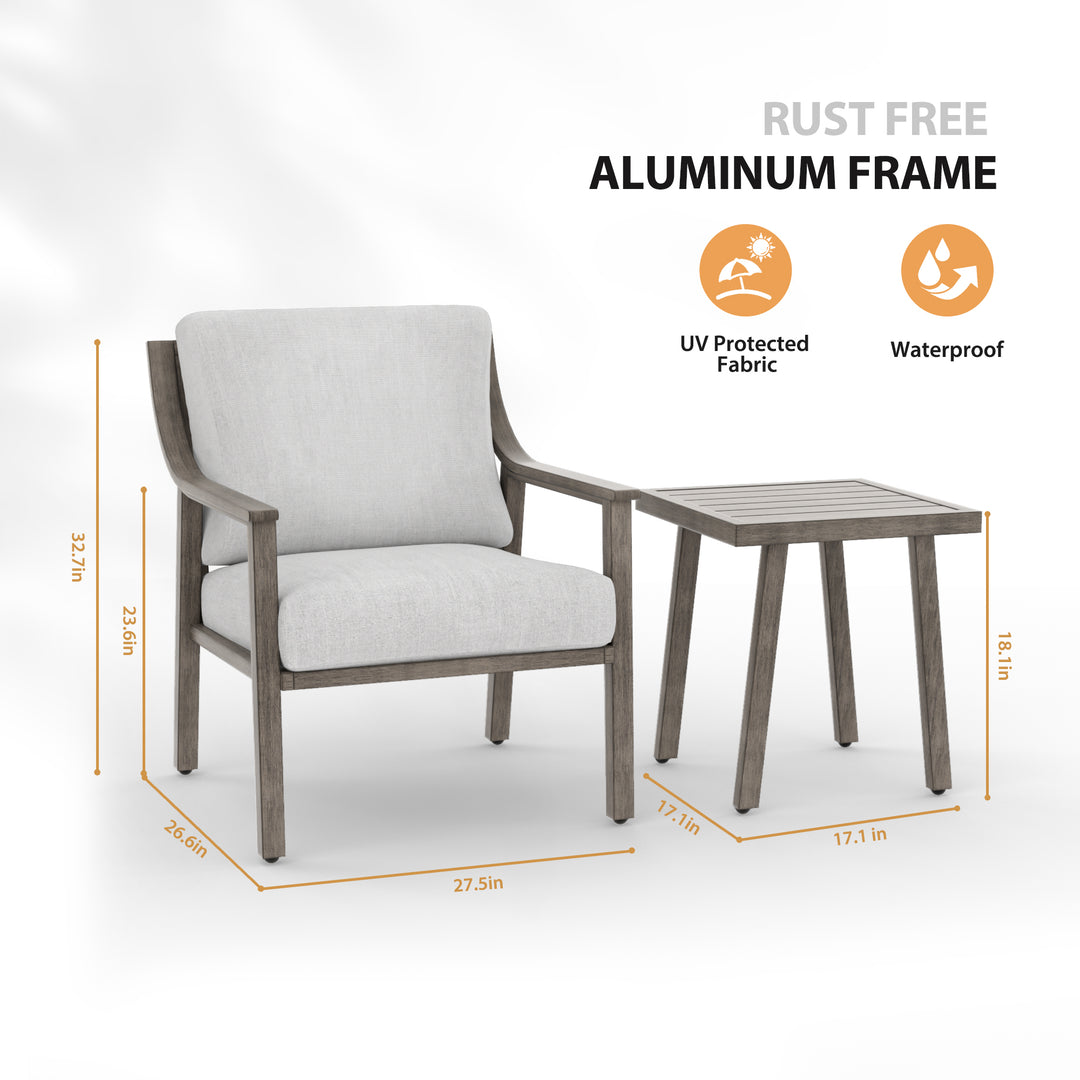 HAPPATIO 3-Piece Patio Bistro Set, All-Weather Aluminum Outdoor Conversation Set Includes 1 Side Table and 2 Cushioned Armchairs for Porch, Deck, or Garden