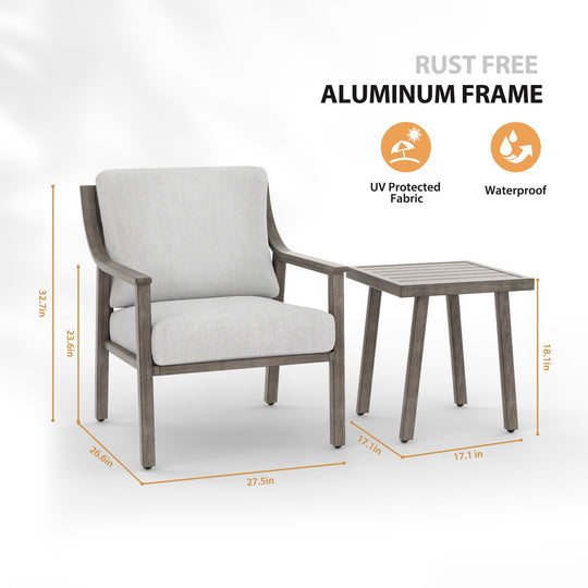 HAPPATIO 3-Piece Patio Bistro Set, All-Weather Aluminum Outdoor Conversation Set Includes 1 Side Table and 2 Cushioned Armchairs for Porch, Deck, or Garden