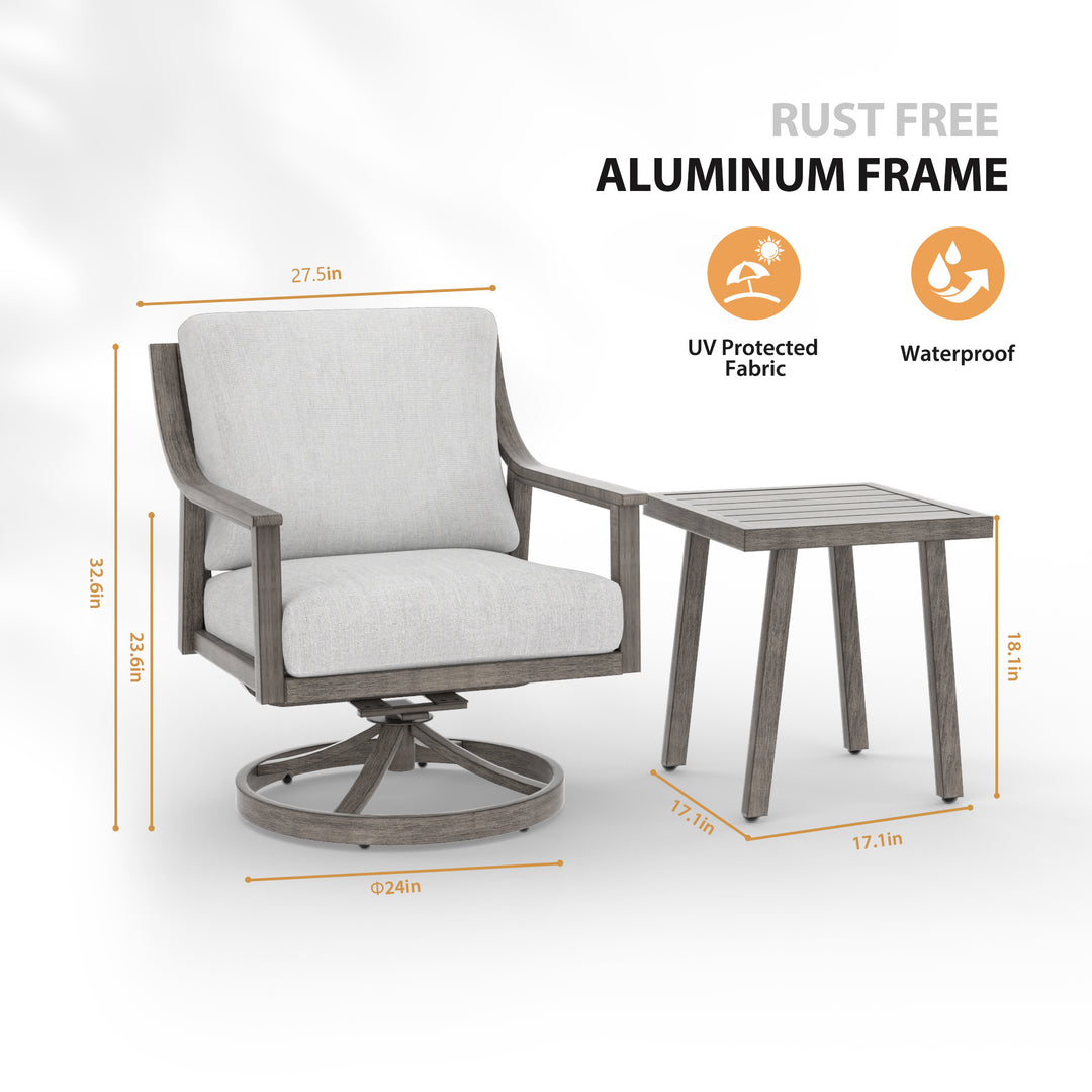 HAPPATIO 3-Piece Patio Bistro Set, All-Weather Aluminum Outdoor Conversation Set Includes 1 Side Table and 2 Cushioned Armchairs for Porch, Deck, or Garden