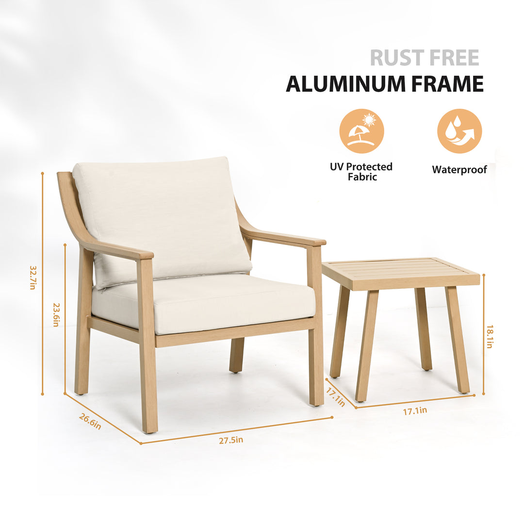 HAPPATIO 3-Piece Patio Bistro Set, All-Weather Aluminum Outdoor Conversation Set Includes 1 Side Table and 2 Cushioned Armchairs for Porch, Deck, or Garden