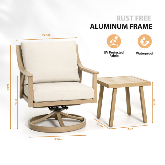 HAPPATIO 3-Piece Patio Bistro Set, All-Weather Aluminum Outdoor Conversation Set Includes 1 Side Table and 2 Cushioned Armchairs for Porch, Deck, or Garden