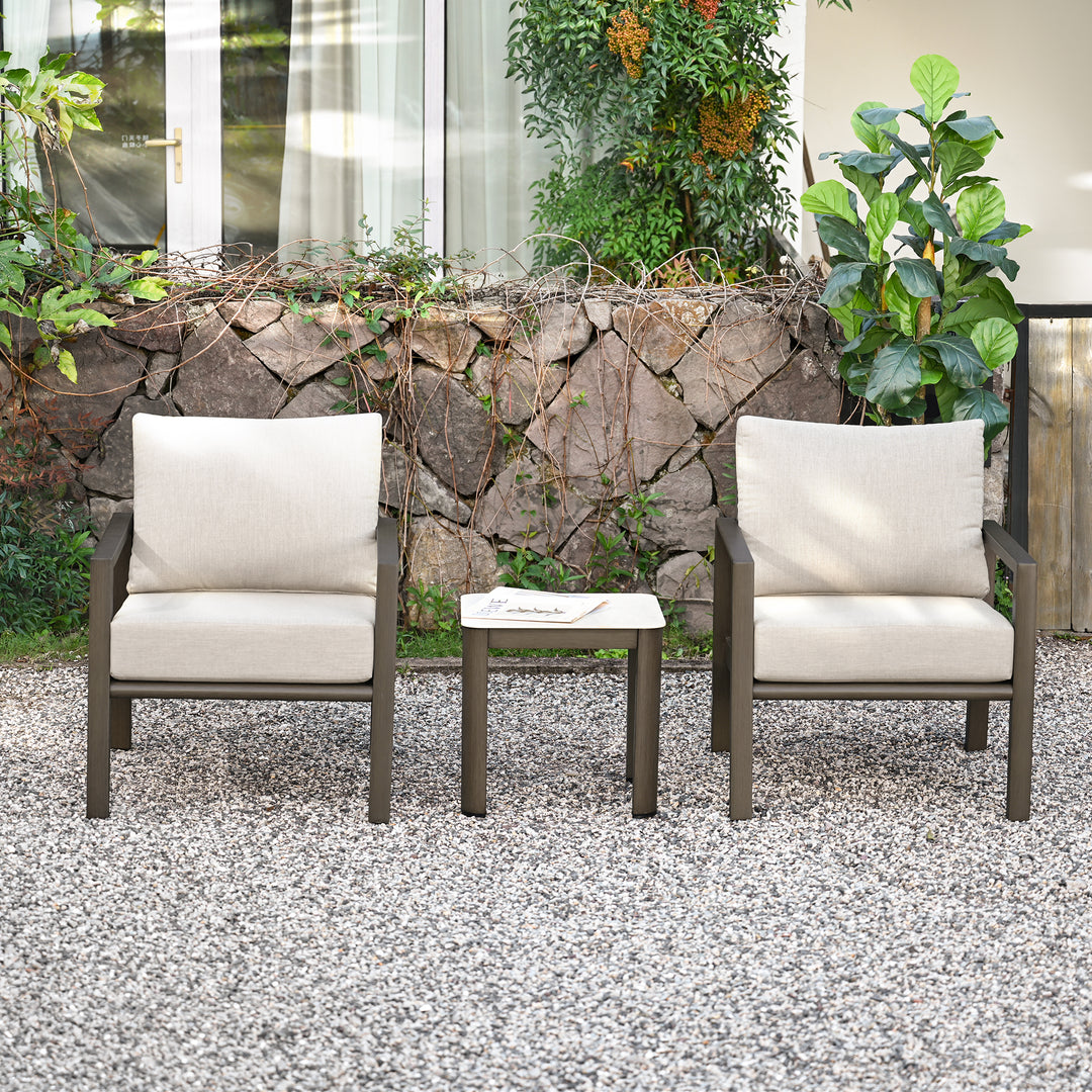 HAPPATIO Patio Conversation Set, 3-Piece Aluminum Oversized Patio Furniture Set with Rope Woven Backrest, Side Table and 2 Chairs with Thick Cushion, Hand-brushed Frame for Yard, Porch, Balcony