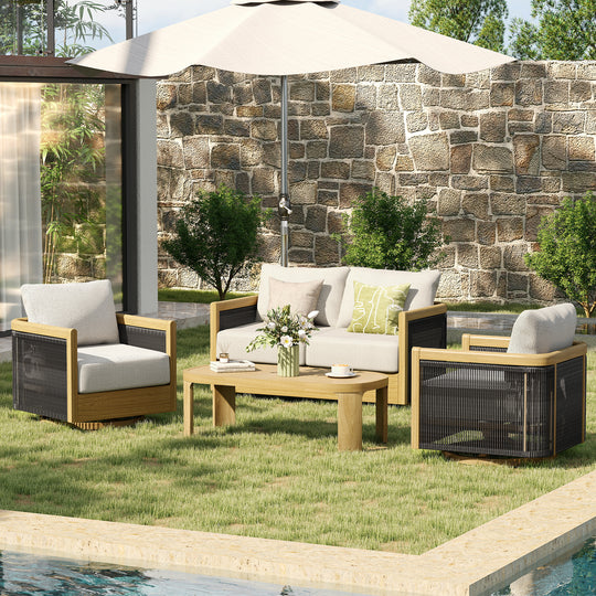 HAPPATIO Aluminum Patio Furniture Set, 4 Pieces Wood-like Oversized Conversation Set with Thick Cushion, Curved Tub Design with Woven Rope Accents for Garden, Backyard, Poolside