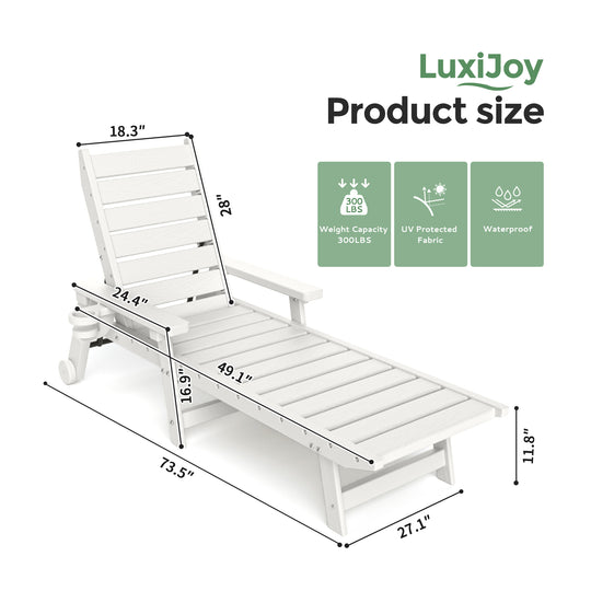 HAPPATIO Outdoor Lounge Chair, HDPE Chaise Lounge 5-Level Adjustable Backrest, Pool Lounge Chair with Wheels and Cup Holder, Waterproof Pool Plastic Recliner Chair for Patio Beach Poolside