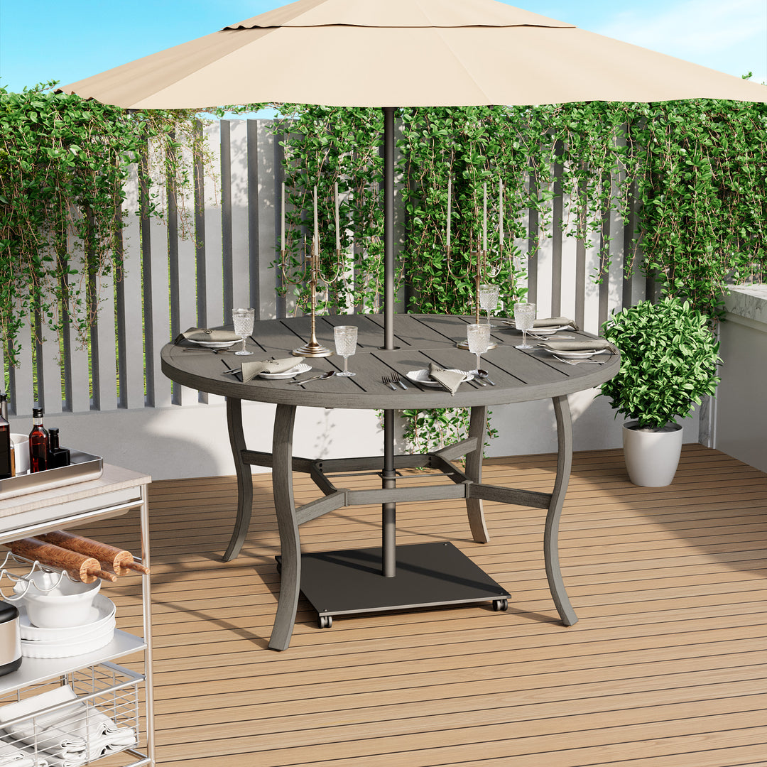 HAPPATIO Patio Dining Set, Aluminum Outdoor Dining Set, Dining Table with Umbrella Hole and 6 Chairs, Outdoor Table and Chairs with Removable Cushion for Lawn Yard Patio