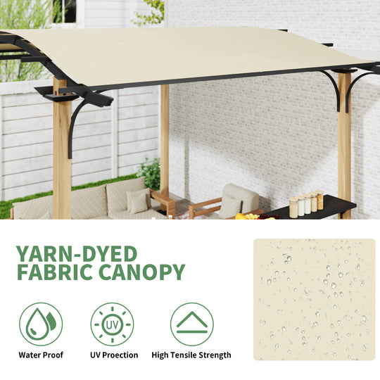 HAPPATIO 10' x 13' Arched Top Outdoor Pergola, Aluminum Frame with Storage Shelf, Wood-Like Frame Patio Pergola Shade for Patio, Backyard, Garden, Poolside, Beige