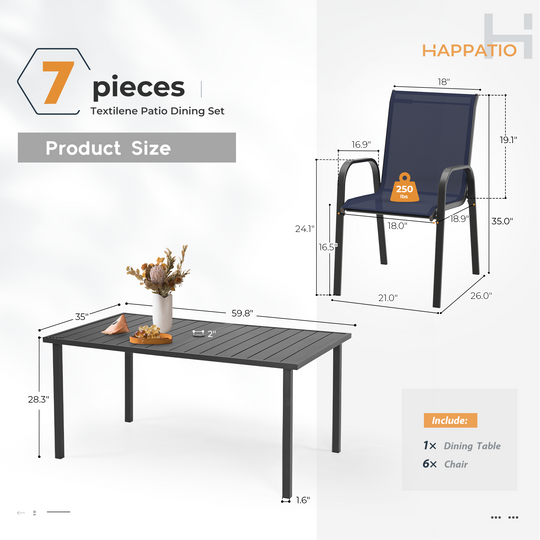 HAPPATIO Outdoor Patio Dining Set, Quick Dry Textilene Dining Chairs and Dining Table with Umbrella Hole, Stackable Textilene Chairs for Garden, Patio and Poolside Backyard