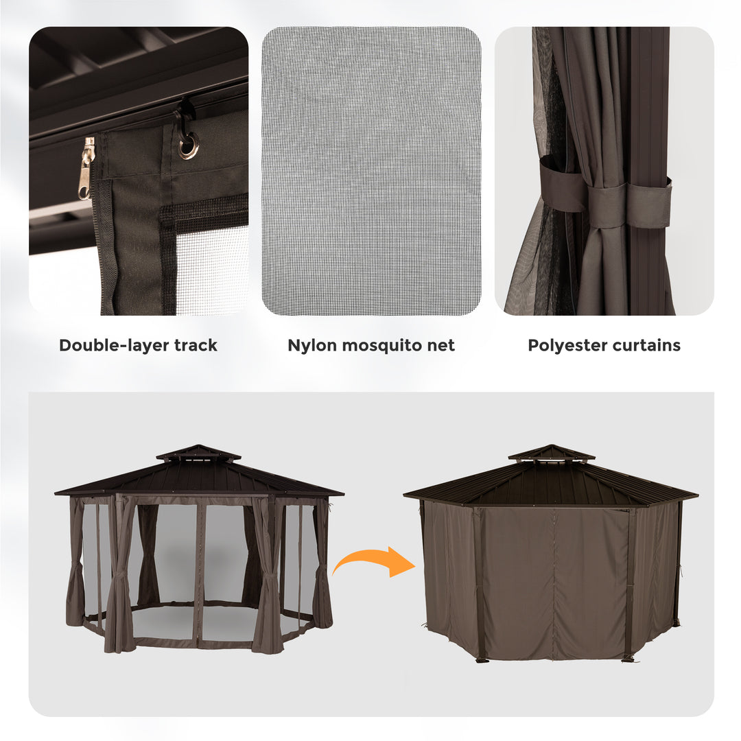 HAPPATIO 13' x 15' Hardtop Gazebo, Outdoor Hexagonal Gazebo with Galvanized Steel Roof, Aluminum Frame with Curtains and Netting, Metal Permanent Gazebos for Patios, Gardens