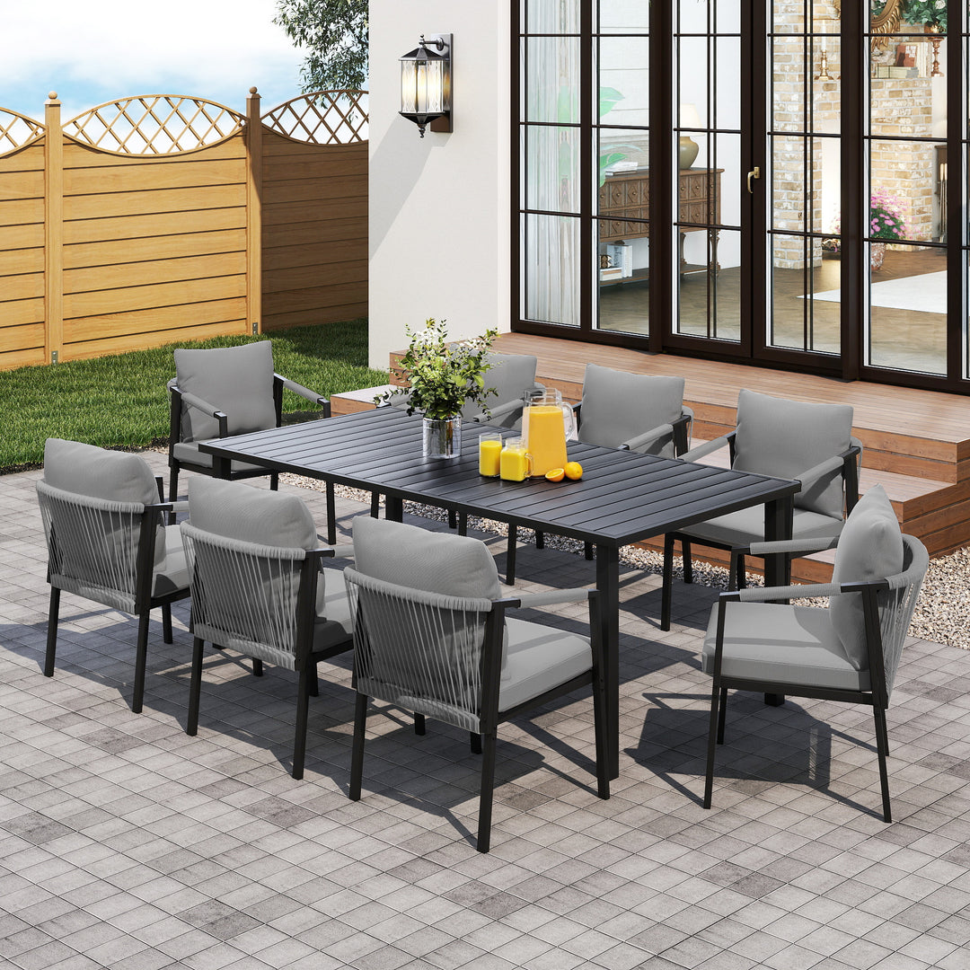 HAPPATIO Patio Dining Set, Woven Rope Rattan Outdoor Dining Table and Chairs Set, Metal Woven Wicker Rope Chairs with Cushions, All-Weather PE Rattan Outdoor Dining Set for Lawn Garden