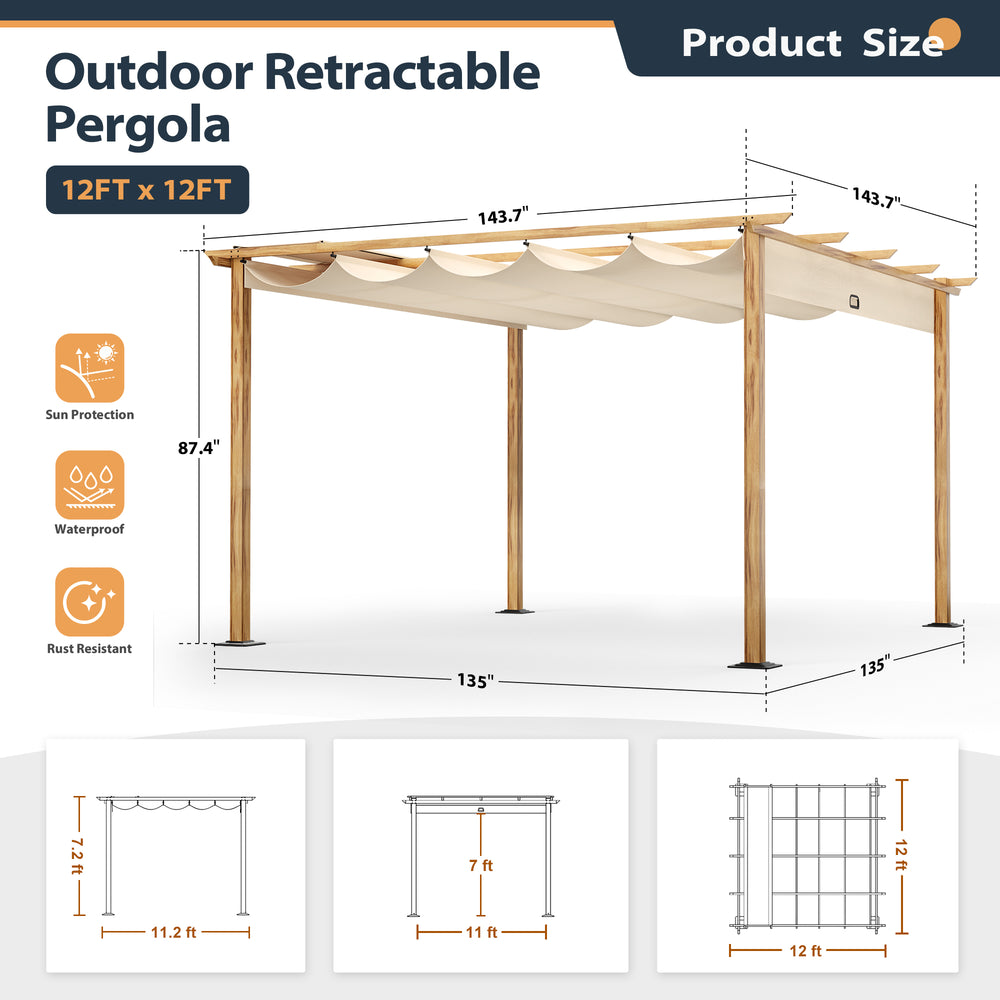 HAPPATIO Retractable Pergola Canopy for Backyard, Garden, Patio; Woodgrain-Look Aluminum Frame with Retractable Pergola Canopy, Includes Anchors and Expansion Screws