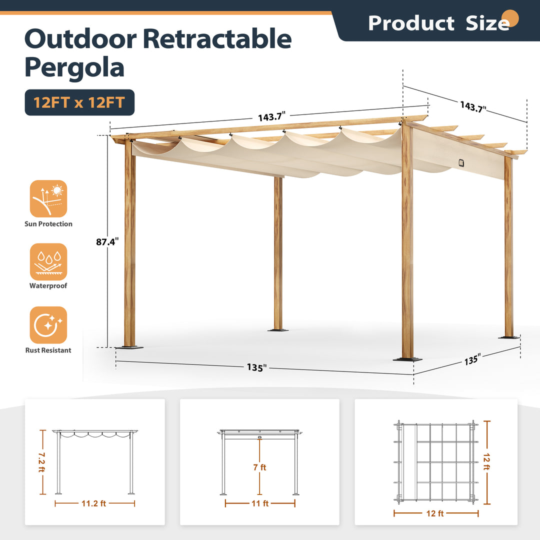 HAPPATIO Retractable Pergola Canopy for Backyard, Garden, Patio; Woodgrain-Look Aluminum Frame with Retractable Pergola Canopy, Includes Anchors and Expansion Screws
