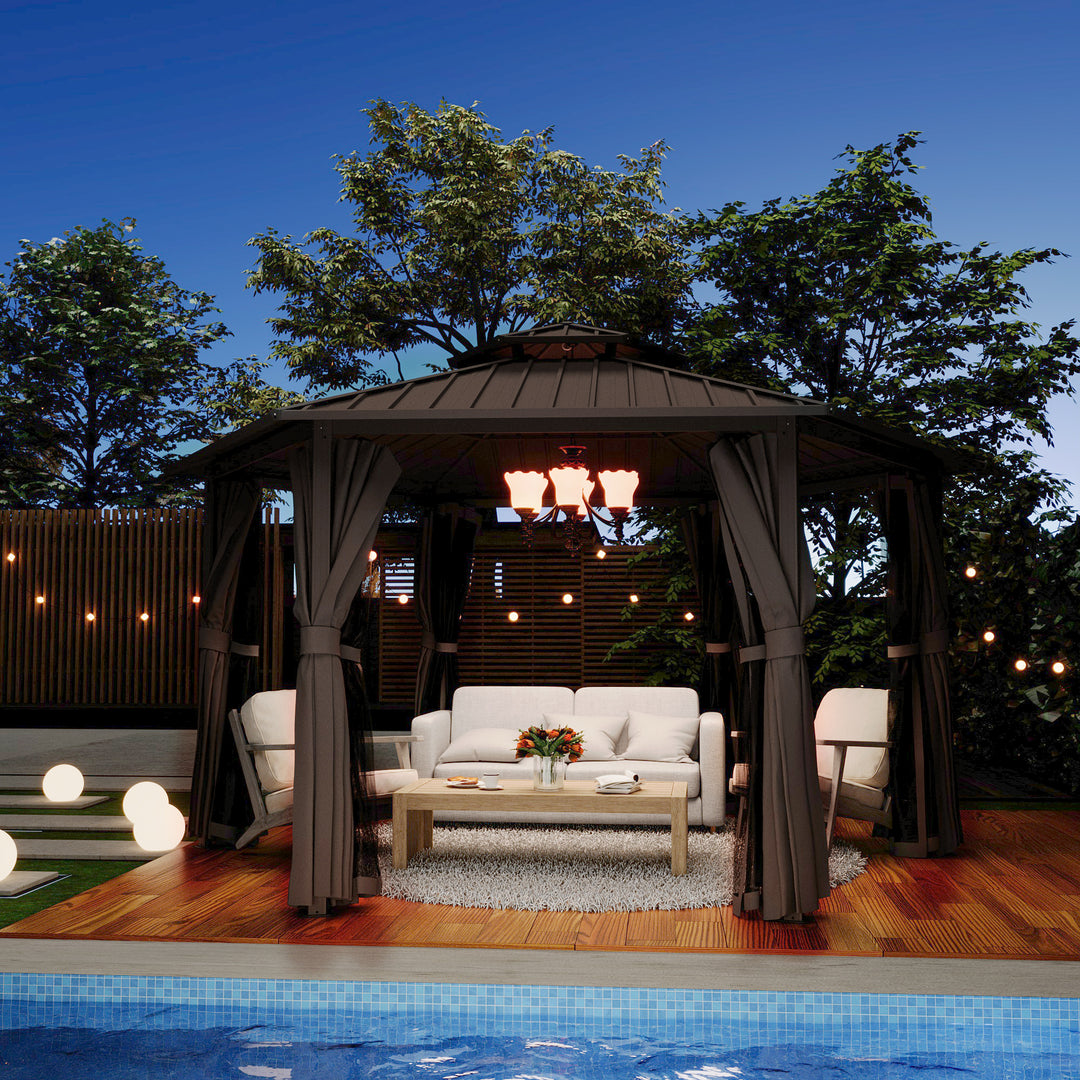 HAPPATIO 13' x 15' Hardtop Gazebo, Outdoor Hexagonal Gazebo with Galvanized Steel Roof, Aluminum Frame with Curtains and Netting, Metal Permanent Gazebos for Patios, Gardens