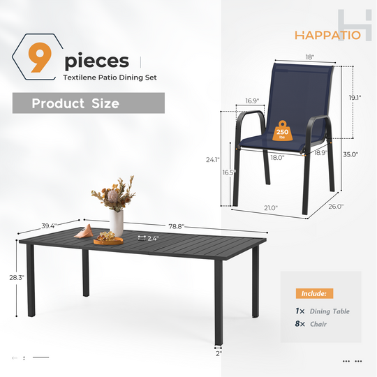 HAPPATIO Outdoor Patio Dining Set, Quick Dry Textilene Dining Chairs and Dining Table with Umbrella Hole, Stackable Textilene Chairs for Garden, Patio and Poolside Backyard