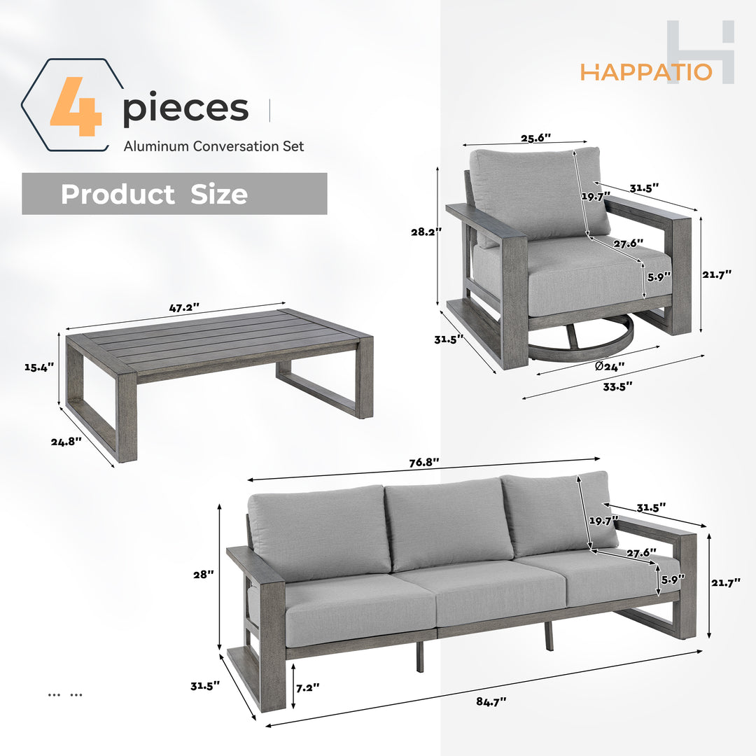 HAPPATIO Aluminum Patio Furniture Set, 4-Piece Oversized Outdoor Conversation Set with Deep Seating and Wide Armrest, Armchairs with 6" Cushion