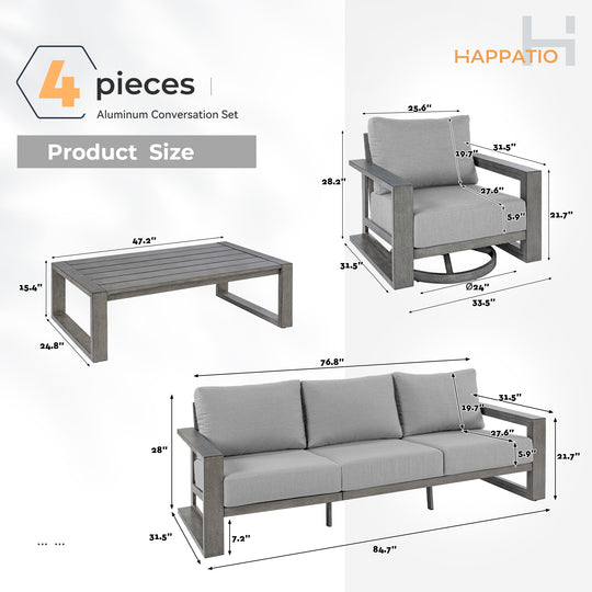 HAPPATIO Aluminum Patio Furniture Set, 4-Piece Oversized Outdoor Conversation Set with Deep Seating and Wide Armrest, Armchairs with 6" Cushion