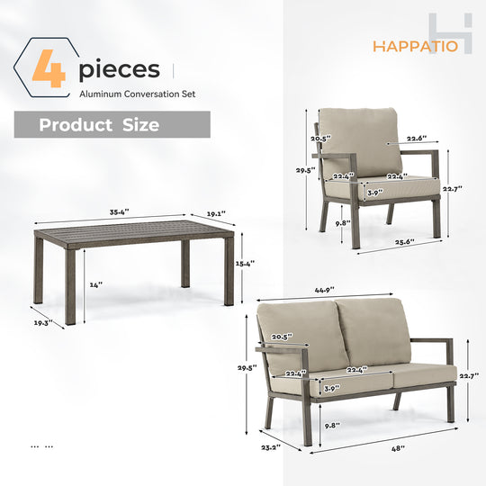 HAPPATIO Aluminum Patio Furniture Set, 4 Pieces Conversation Set with Thick Cushions and Coffee Table, All Weather Sofa Couch Waterproof and Rustproof for Garden, Backyard, Porch, Beige