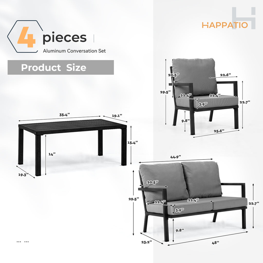 HAPPATIO Aluminum Patio Furniture Set, 4 Pieces Conversation Set with Thick Cushions and Coffee Table, All Weather Sofa Couch Waterproof and Rustproof for Garden, Backyard, Porch, Beige