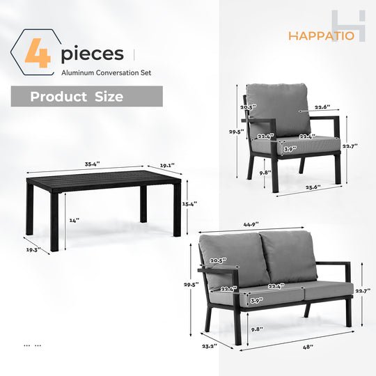 HAPPATIO Aluminum Patio Furniture Set, 4 Pieces Conversation Set with Thick Cushions and Coffee Table, All Weather Sofa Couch Waterproof and Rustproof for Garden, Backyard, Porch, Beige
