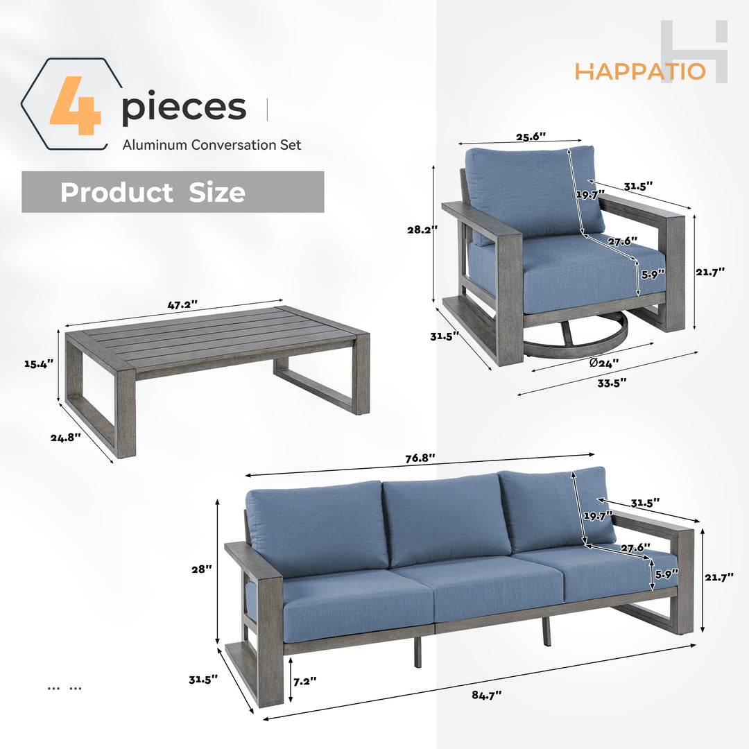 HAPPATIO Aluminum Patio Furniture Set, 4-Piece Oversized Outdoor Conversation Set with Deep Seating and Wide Armrest, Armchairs with 6" Cushion