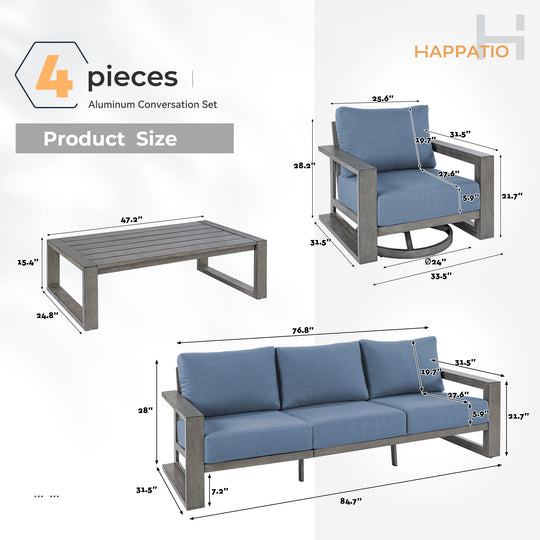 HAPPATIO Aluminum Patio Furniture Set, 4-Piece Oversized Outdoor Conversation Set with Deep Seating and Wide Armrest, Armchairs with 6" Cushion