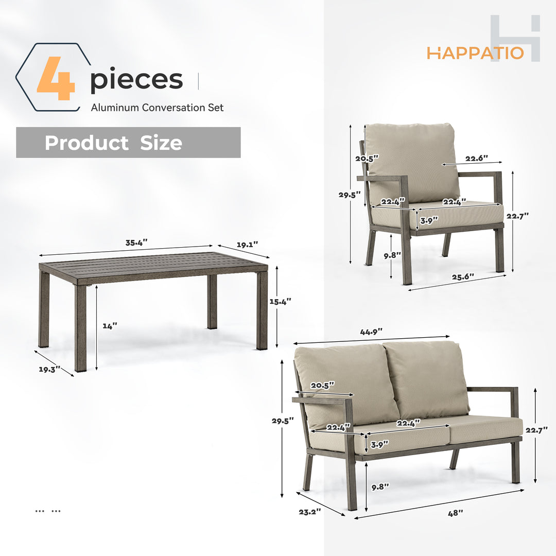 HAPPATIO Aluminum Patio Furniture Set, 4 Pieces Conversation Set with Thick Cushions and Coffee Table, All Weather Sofa Couch Waterproof and Rustproof for Garden, Backyard, Porch, Beige