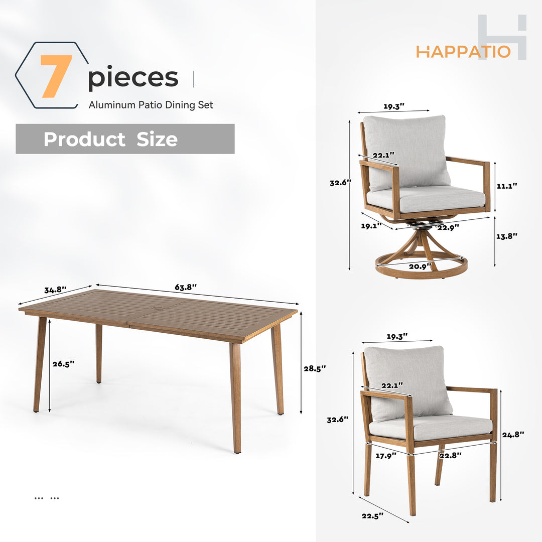 HAPPATIO Outdoor Dining Set,  Aluminum Patio Dining Set with Wood-Like Hand-Painted Finish, Dining Chairs with Waterproof Cushions, Easy Assembly for Backyard, Garden, Porch