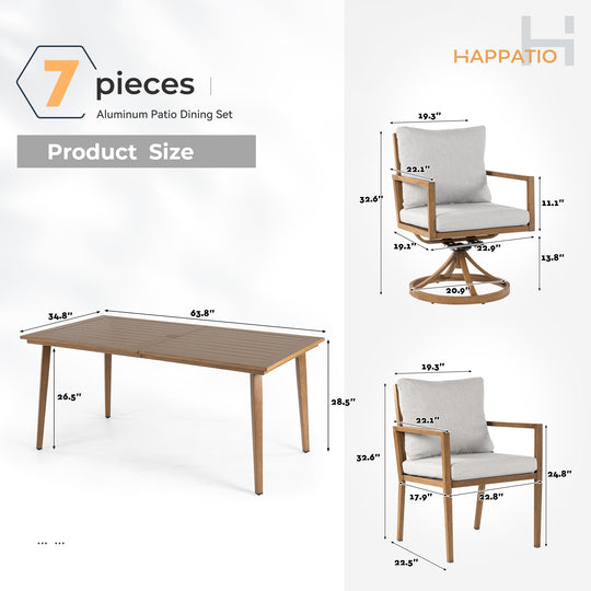 HAPPATIO Outdoor Dining Set,  Aluminum Patio Dining Set with Wood-Like Hand-Painted Finish, Dining Chairs with Waterproof Cushions, Easy Assembly for Backyard, Garden, Porch