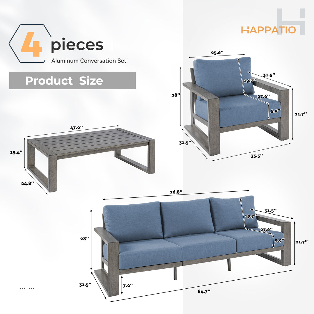 HAPPATIO Aluminum Patio Furniture Set, 4-Piece Oversized Outdoor Conversation Set with Deep Seating and Wide Armrest, Armchairs with 6" Cushion