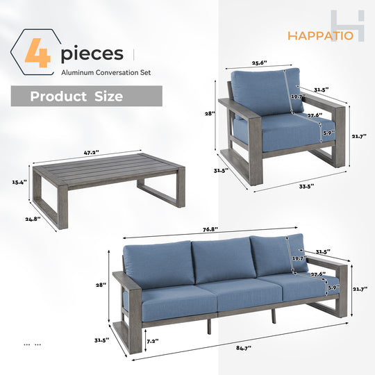 HAPPATIO Aluminum Patio Furniture Set, 4-Piece Oversized Outdoor Conversation Set with Deep Seating and Wide Armrest, Armchairs with 6" Cushion