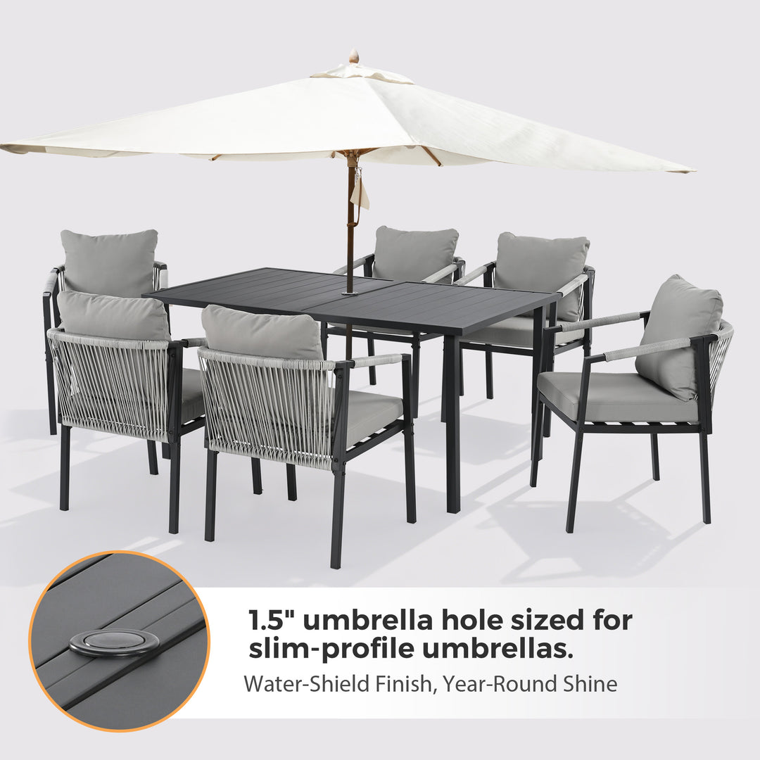 HAPPATIO Patio Dining Set, Woven Rope Rattan Outdoor Dining Table and Chairs Set, Metal Woven Wicker Rope Chairs with Cushions, All-Weather PE Rattan Outdoor Dining Set for Lawn Garden
