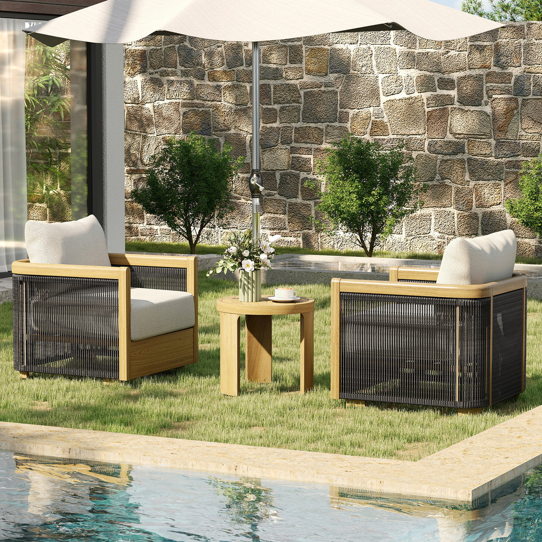 HAPPATIO Aluminum Patio Furniture Set, 3 Pieces Wood-like Oversized Outdoor Conversation Set with Thick Cushion, Curved Tub Design with Woven Rope Accents for Garden, Backyard, Poolside