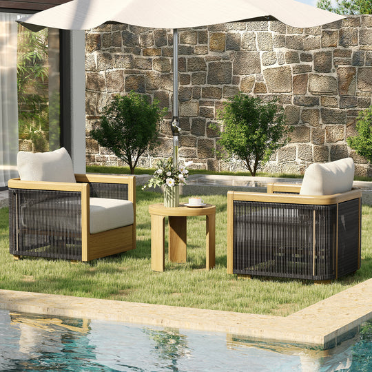 HAPPATIO Aluminum Patio Furniture Set, 3 Pieces Wood-like Oversized Outdoor Conversation Set with Thick Cushion, Curved Tub Design with Woven Rope Accents for Garden, Backyard, Poolside