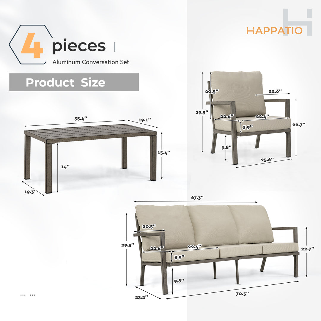 HAPPATIO Aluminum Patio Furniture Set, 4 Pieces Conversation Set with Thick Cushions and Coffee Table, All Weather Sofa Couch Waterproof and Rustproof for Garden, Backyard, Porch, Beige