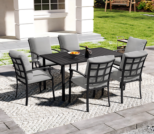 HAPPATIO Patio Dining Set, Outdoor Dining Set with Powder-Coated Metal, Table with Umbrella Hole, Stackable Chairs with Removable Cushions for Porch Poolside Garden