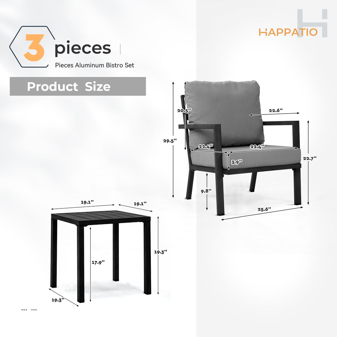 HAPPATIO Aluminum Patio Furniture Set, 3 Pieces Conversation Set with Thick Cushions and Side Table, Waterproof and Rustproof for All weather, Seating Sofa for Garden, Backyard, Porch