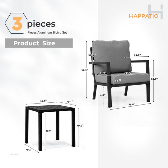 HAPPATIO Aluminum Patio Furniture Set, 3 Pieces Conversation Set with Thick Cushions and Side Table, Waterproof and Rustproof for All weather, Seating Sofa for Garden, Backyard, Porch