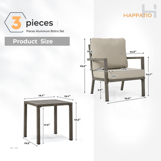HAPPATIO Aluminum Patio Furniture Set, 3 Pieces Conversation Set with Thick Cushions and Side Table, Waterproof and Rustproof for All weather, Seating Sofa for Garden, Backyard, Porch
