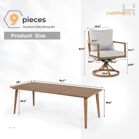 HAPPATIO Outdoor Dining Set,  Aluminum Patio Dining Set with Wood-Like Hand-Painted Finish, Dining Chairs with Waterproof Cushions, Easy Assembly for Backyard, Garden, Porch