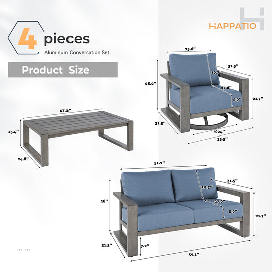HAPPATIO Aluminum Patio Furniture Set, 4-Piece Oversized Outdoor Conversation Set with Deep Seating and Wide Armrest, Armchairs with 6" Cushion