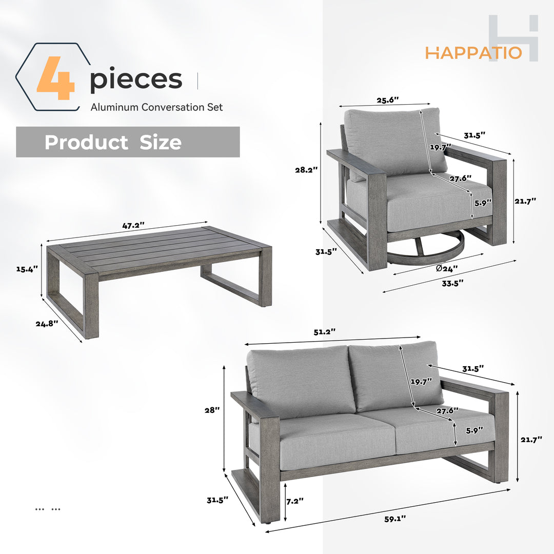 HAPPATIO Aluminum Patio Furniture Set, 4-Piece Oversized Outdoor Conversation Set with Deep Seating and Wide Armrest, Armchairs with 6" Cushion