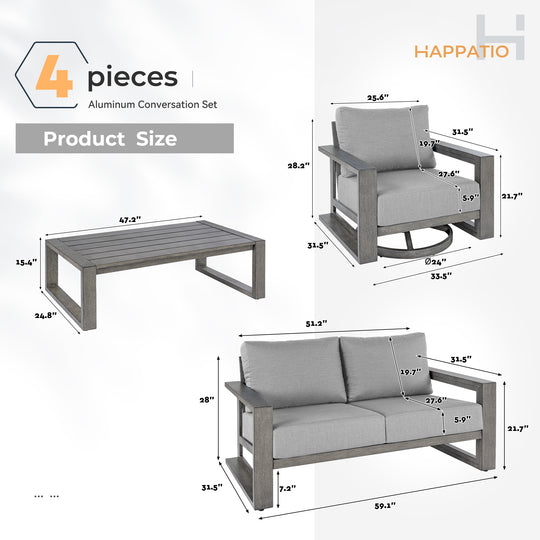 HAPPATIO Aluminum Patio Furniture Set, 4-Piece Oversized Outdoor Conversation Set with Deep Seating and Wide Armrest, Armchairs with 6" Cushion
