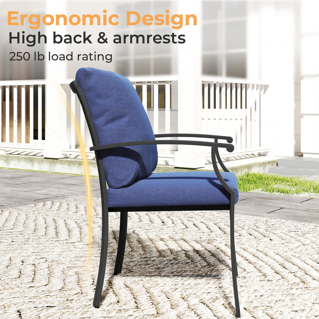 HAPPATIO Patio Dining Set, Outdoor Dining Set with Powder-Coated Metal, Table with Umbrella Hole, Stackable Chairs with Removable Cushions for Porch Poolside Garden
